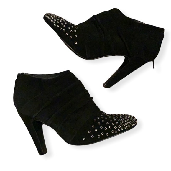 See By Chloe Black Suede Silver Studded Toe Heeled Ankle Booties Size 37.5 - Picture 1 of 9